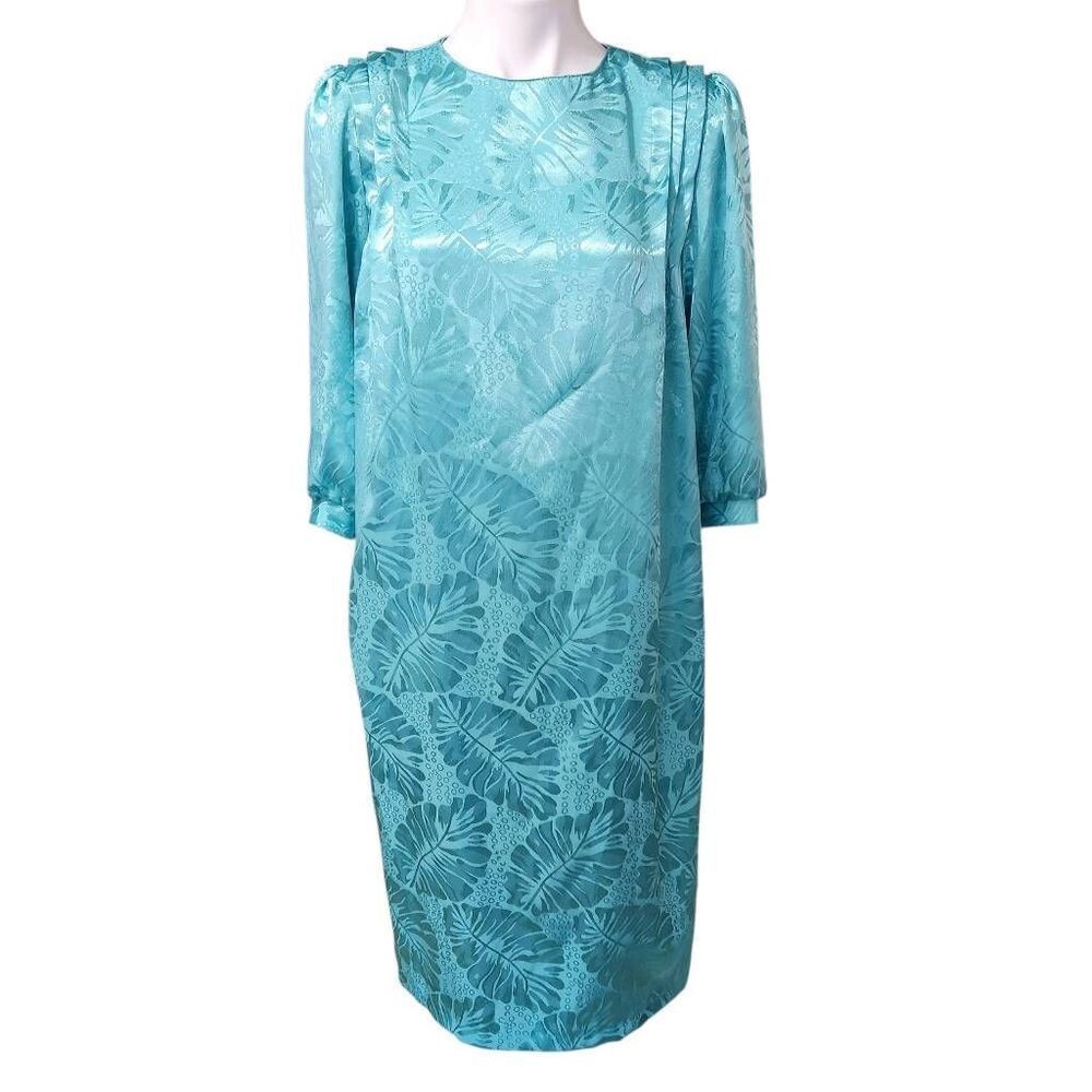 Vintage Emerald St. California leaf print satin dress aqua 80's size 8